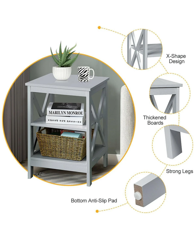 3-Tier Nightstand End Table with X Design Storage
