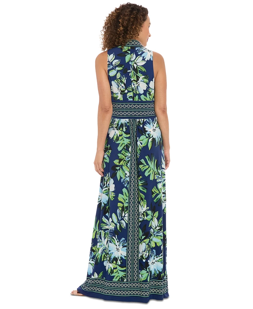 London Times Petite Floral Border-Trim Maxi Dress