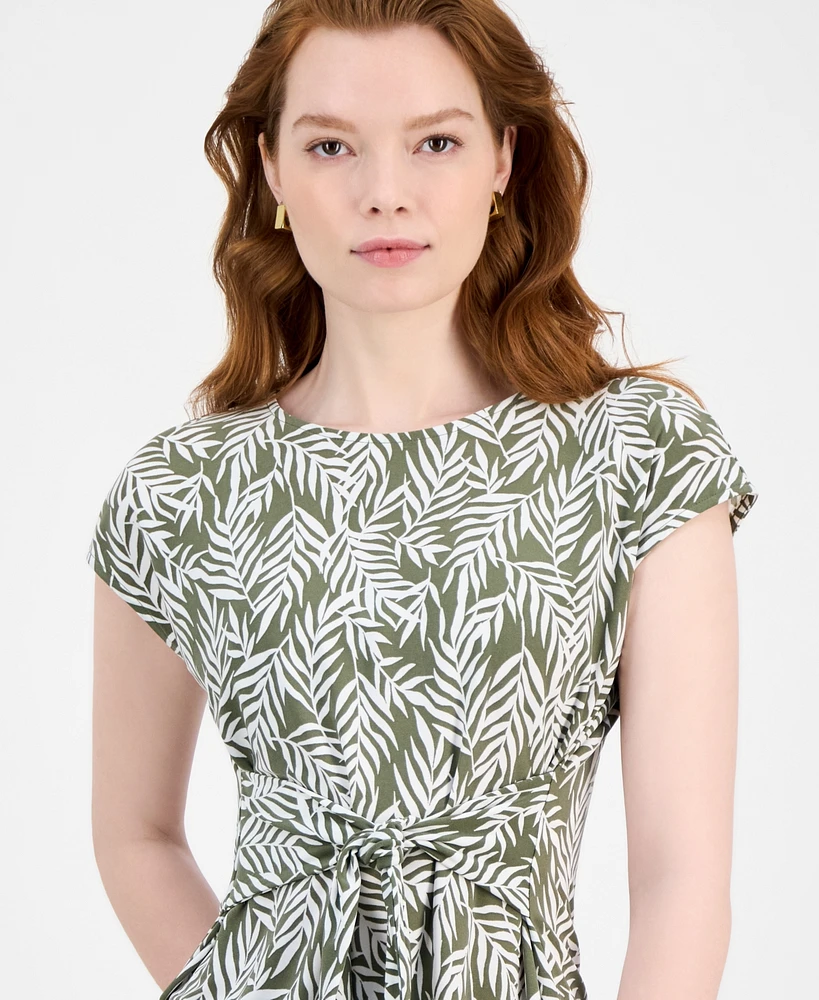 Kasper Women's Leaf-Print Tie-Waist Cap-Sleeve Top