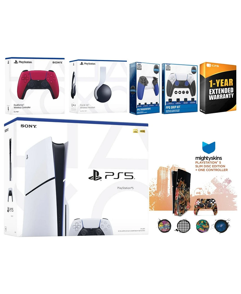 Sony Playstation 5 Slim Disc with White Pulse Headset, Extra Volcanic Red Controller, Trigger Stop Kit, Fps Grip Kit and MightySkins Decal Voucher + 1
