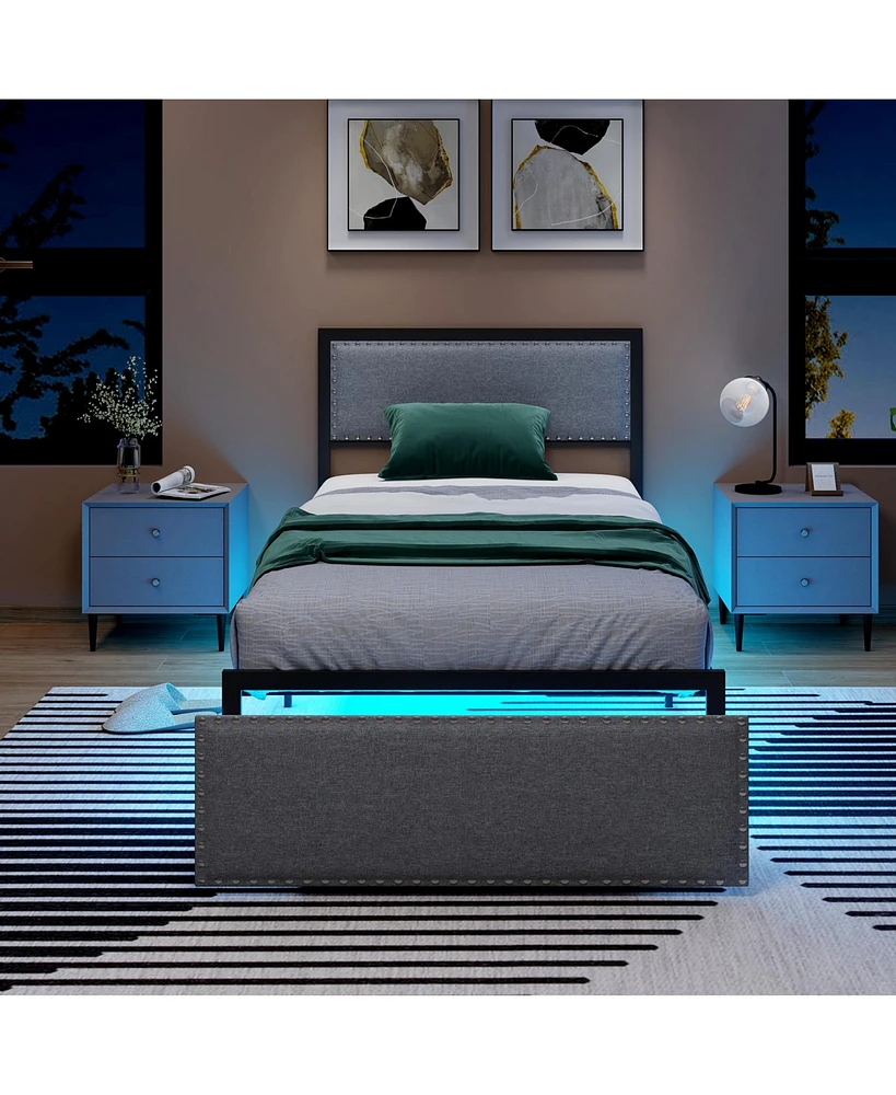 Twin Size Bed Frame with Led Lights Drawer and Metal Slats-Twin Size