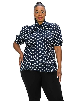 L I V D Plus Size Minnie Polka Dot Tie Neck Blouse