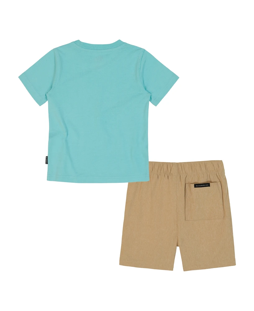 Quiksilver Toddler and Little Boys 2-Piece Short Sleeve Logo Graphics T-Shirt Stretch Tech Shorts Set