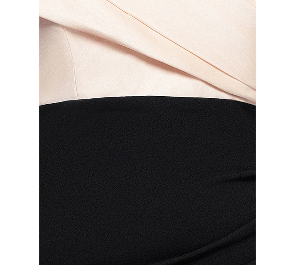 Betsy & Adam Plus Mixed-Material Off-The-Shoulder Gown