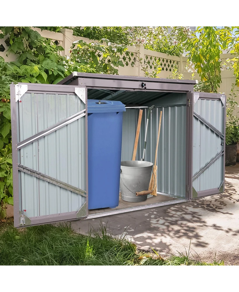 Metal outdoor bin shed, Stores 2 trash cans, Galvanized steel, gray