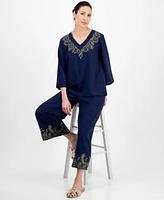 Jm Collection Womens Embroidered Top Capri Pants Exclusively At Macys