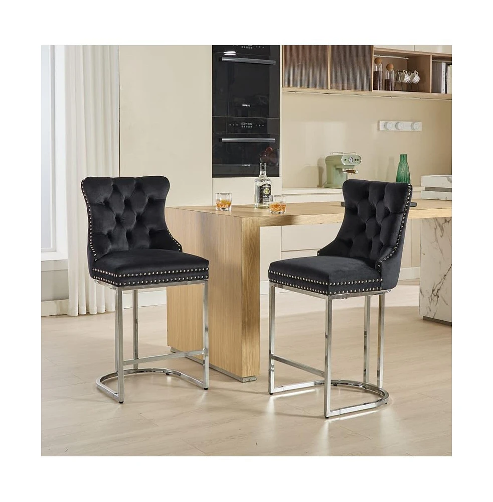 Set of 2 Counter Height Bar Stools Modern Velvet Barstools with Button Back Rivet Trim and Sturdy Chromed Metal Base for Kitchen Island-The Pop Home