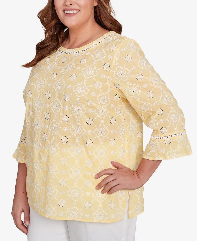 Alfred Dunner Plus Size Rise and Shine Embroidered Floral Eyelet Bell Sleeve Top