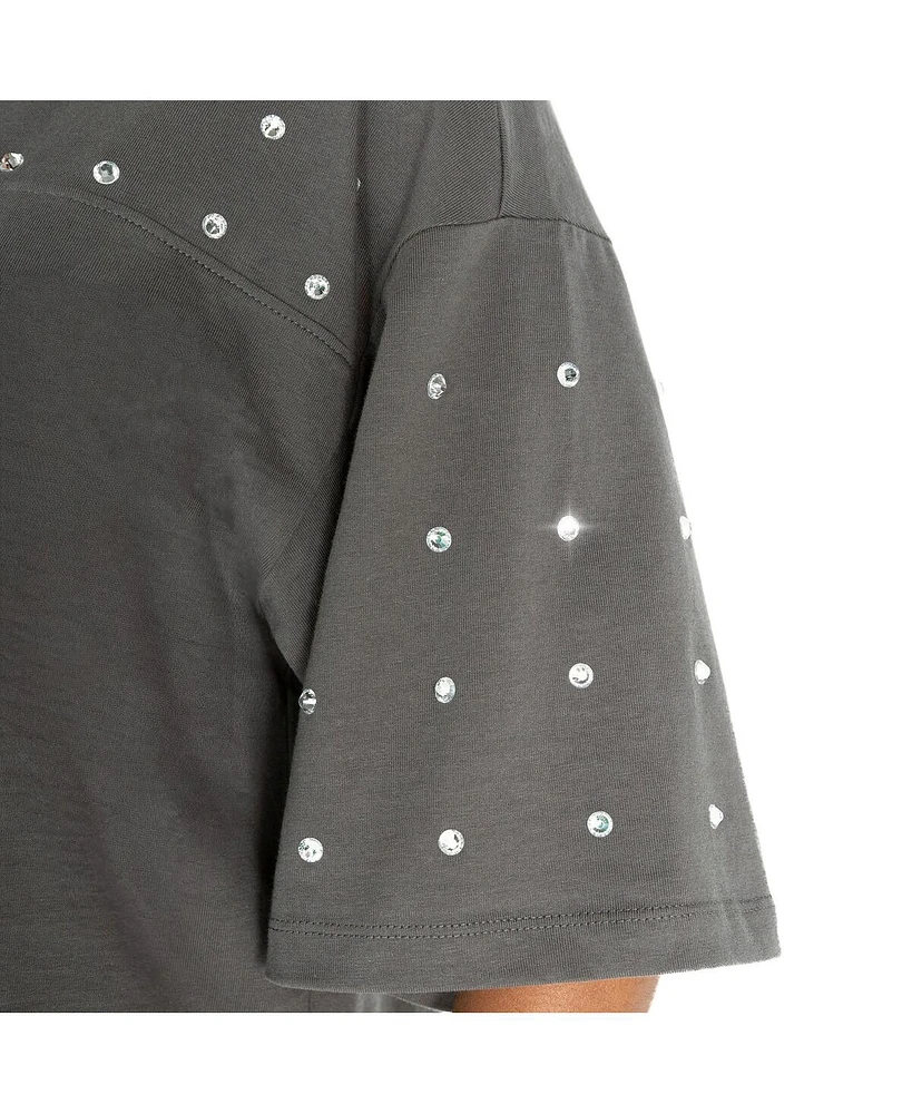 Gameday Couture Women's Gray Pittsburgh Steelers All-Over Rhinestone Cropped Oversized T-Shirt