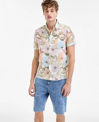 Sun + Stone Men's Duke Short Sleeve Floral Print Linen Blend Button-Front Shirt, Exclusively at Macy's