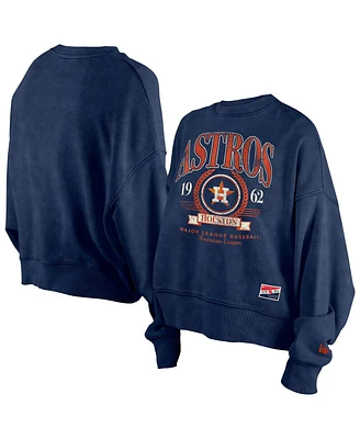 New Era Women's Navy Houston Astros Throwback Boxy Enzyme Wash Fleece Crewneck Pullover Hoodie