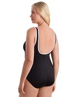 ShapeSolver Women's Shirred-Side Zip-Up One-Piece Swimsuit