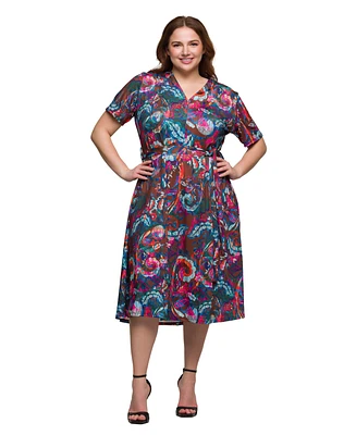 24seven Comfort Apparel Plus Print Short Sleeve Tie Waist Midi Dress