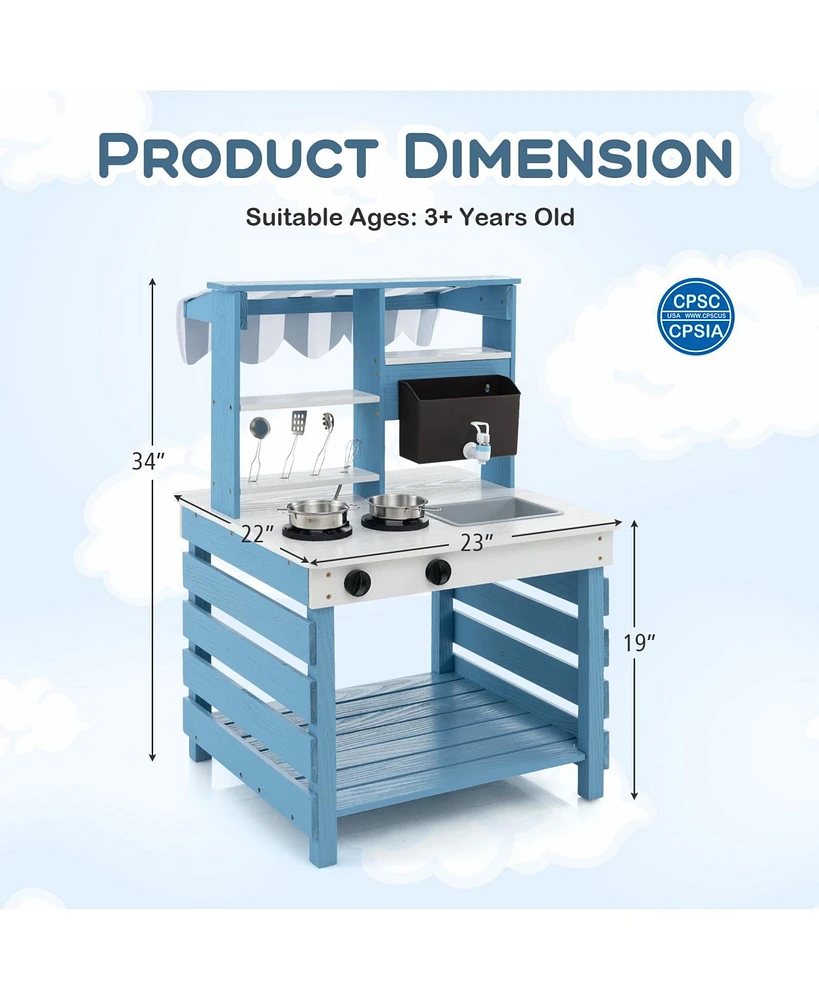 Double-Sided Wooden Play Kitchen with Stoves and Grocery Stand, Pretend Play Set