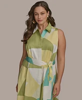 Donna Karan New York Plus Size Printed Tie-Waist Sleeveless Shirtdress