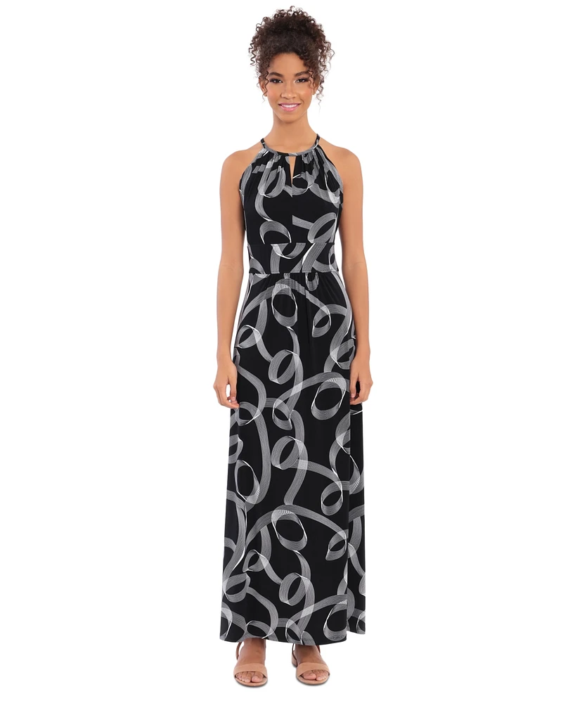 London Times Women's Printed Jersey Halter-Neck Maxi Dress