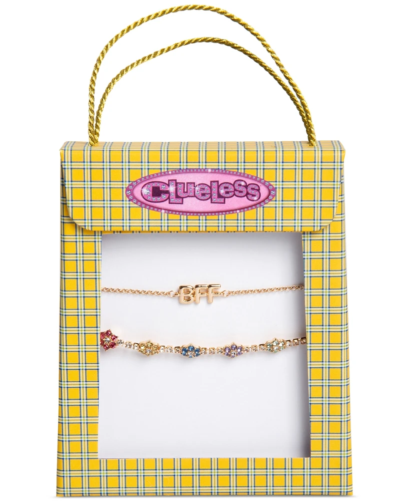 Clueless Gold-Tone 2-Pc. Set Bff & Multicolor Crystal Flower Slider Bracelets