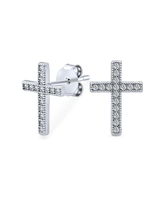 Bling Jewelry Traditional Religious Cz Stud Earrings, Micro Pave Cross, Sterling Silver Cubic Zirconia