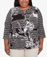 Alfred Dunner Plus Natural Instinct Monotone Patch Beaded Split Neck Top