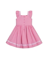 Hope & Henry Toddler Girls Pleated Flutter Sleeve Apron Dress with Embroidery