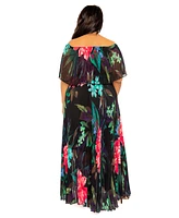 Buxom Couture Plus Size Floral Off Shoulder Pleated Maxi Dress
