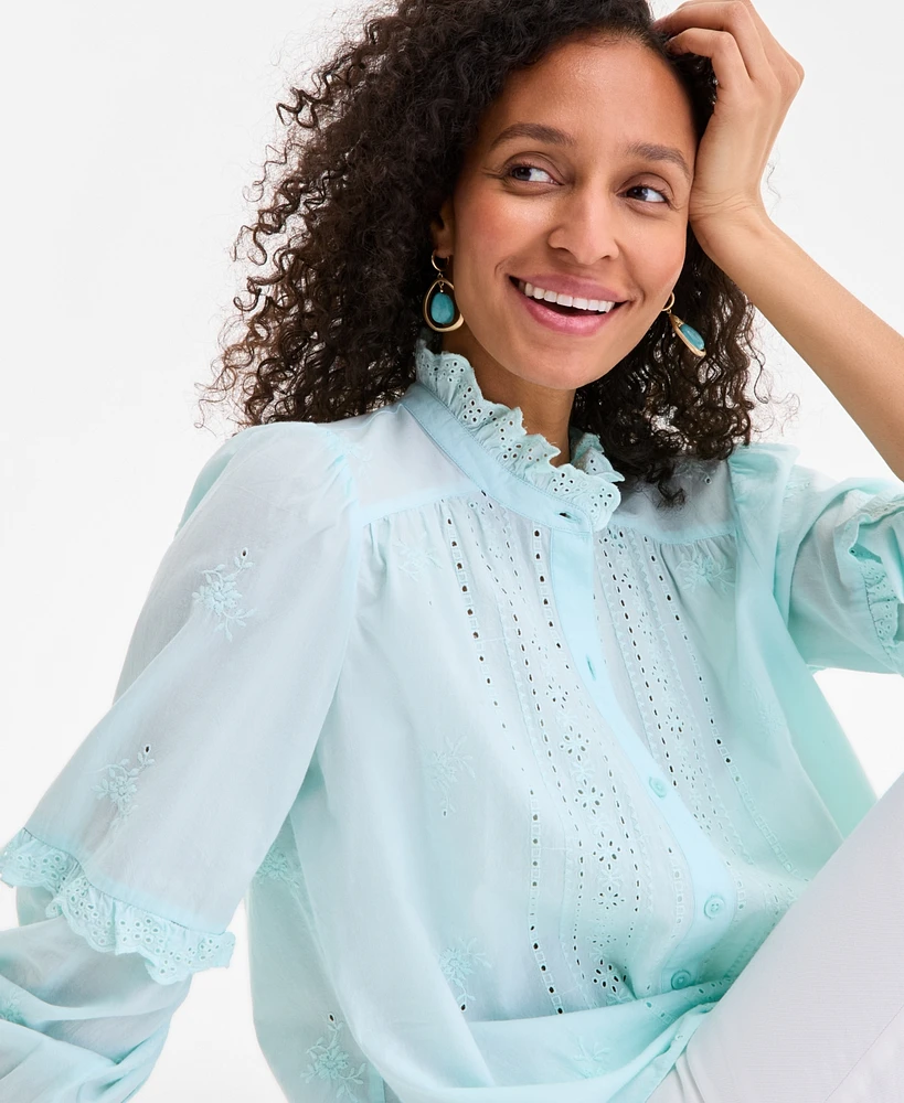 Style & Co Women's Cotton Eyelet-Front 3/4-Puff Sleeve Blouse, Exclusively at Macy's
