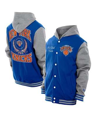 New Era Men's Blue New York Knicks Throwback Prep Chenille Full-Snap Hooded Varsity Jacket