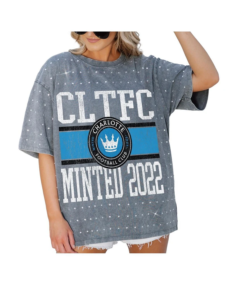 Gameday Couture Women's Gray Charlotte Fc Oversized Mini Rhinestone Classic T-Shirt