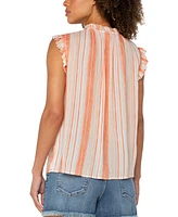 Liverpool Los Angeles Women's Striped Ruffle-Trim Split-Neck Top