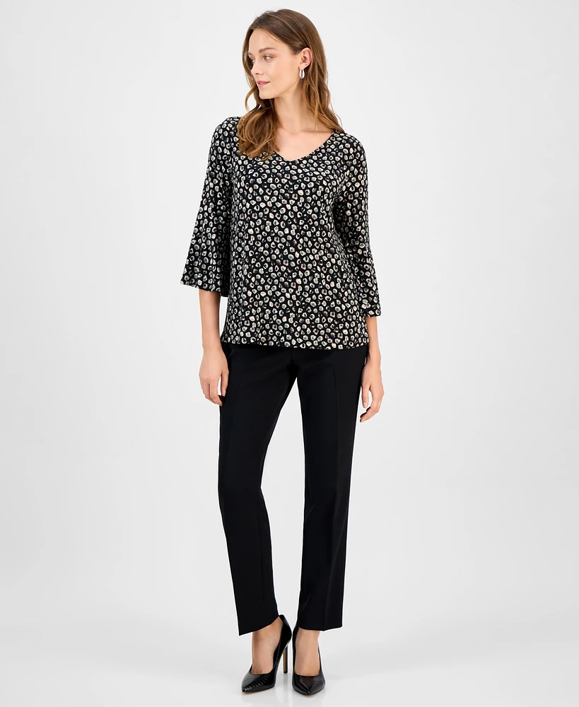 Kasper Women's Printed V-Neck Flare-Sleeve Top