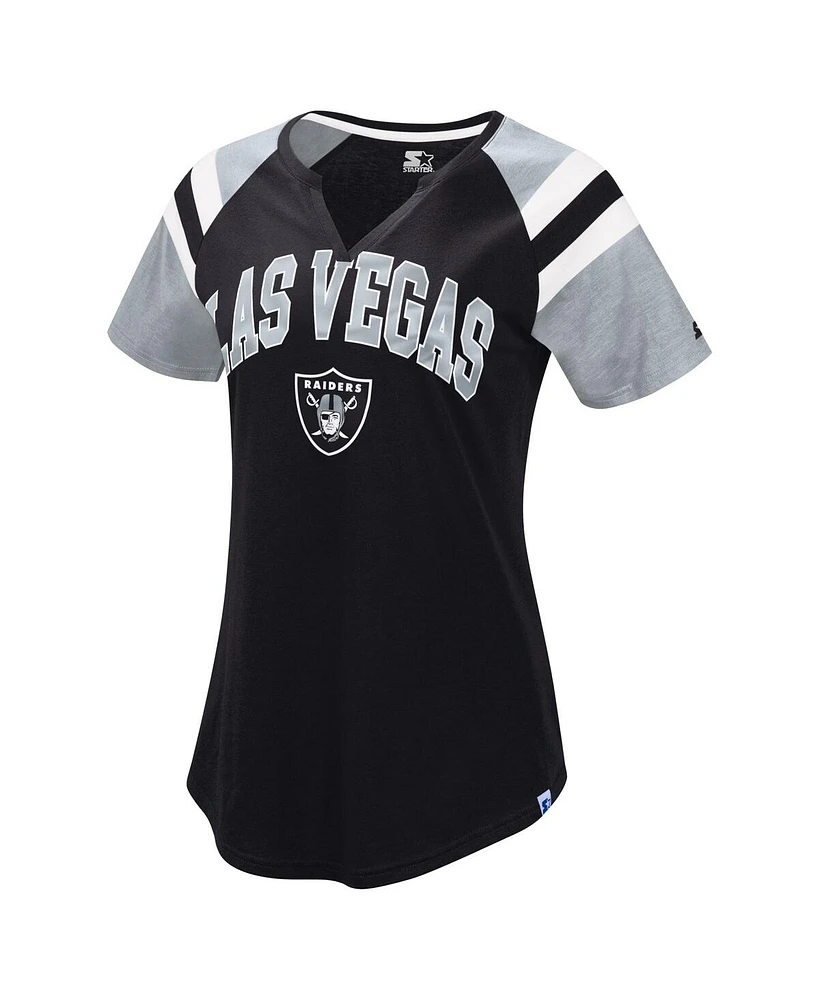 Starter Women's Black Las Vegas Raiders Game On Notch Neck Raglan T-Shirt