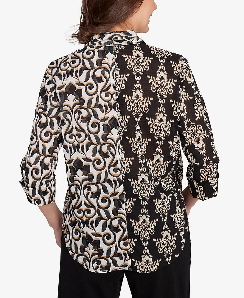 Alfred Dunner Petite Natural Instinct Medallion Twin Print Button Front Top