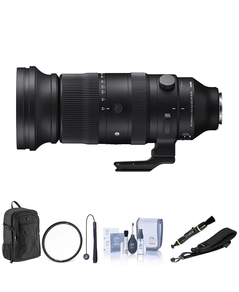 Sigma 60-600mm f/4.5-6.3 Dg Dn Os Sports Lens for Sony E Bundle with 105mm Mc Clear Filter, Backpack, Camera Strap, Lens Cleaner, Cleaning Kit, Lens C