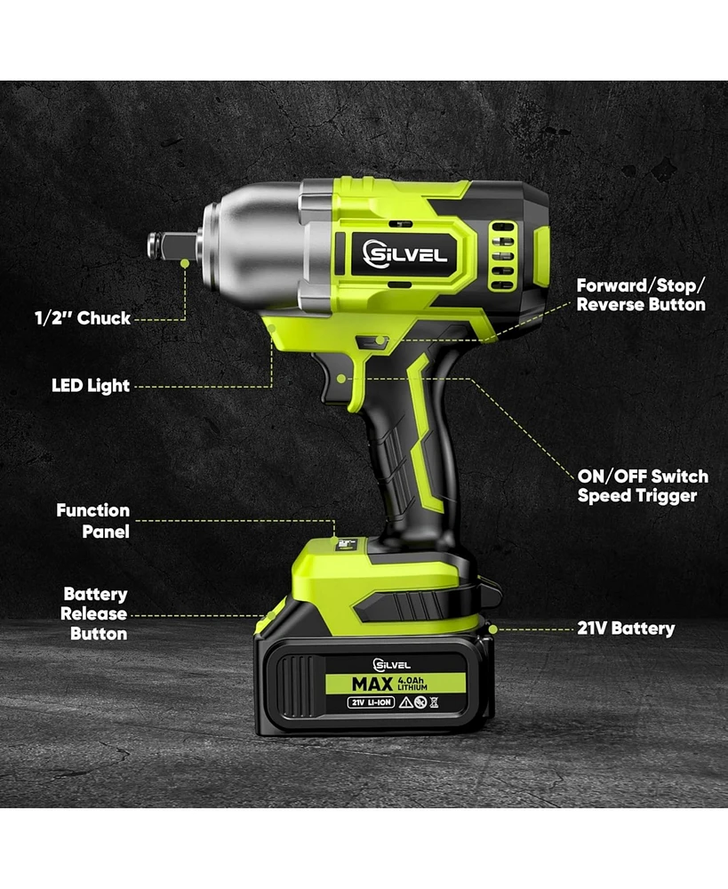 Silvel Cordless Impact Wrench, Max 500N.m Brushless Gun 1/2 inch, 4.0Ah Battery, 6 Sockets