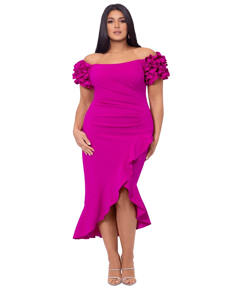 Xscape Plus Ruffled Off-The-Shoulder Midi Dress