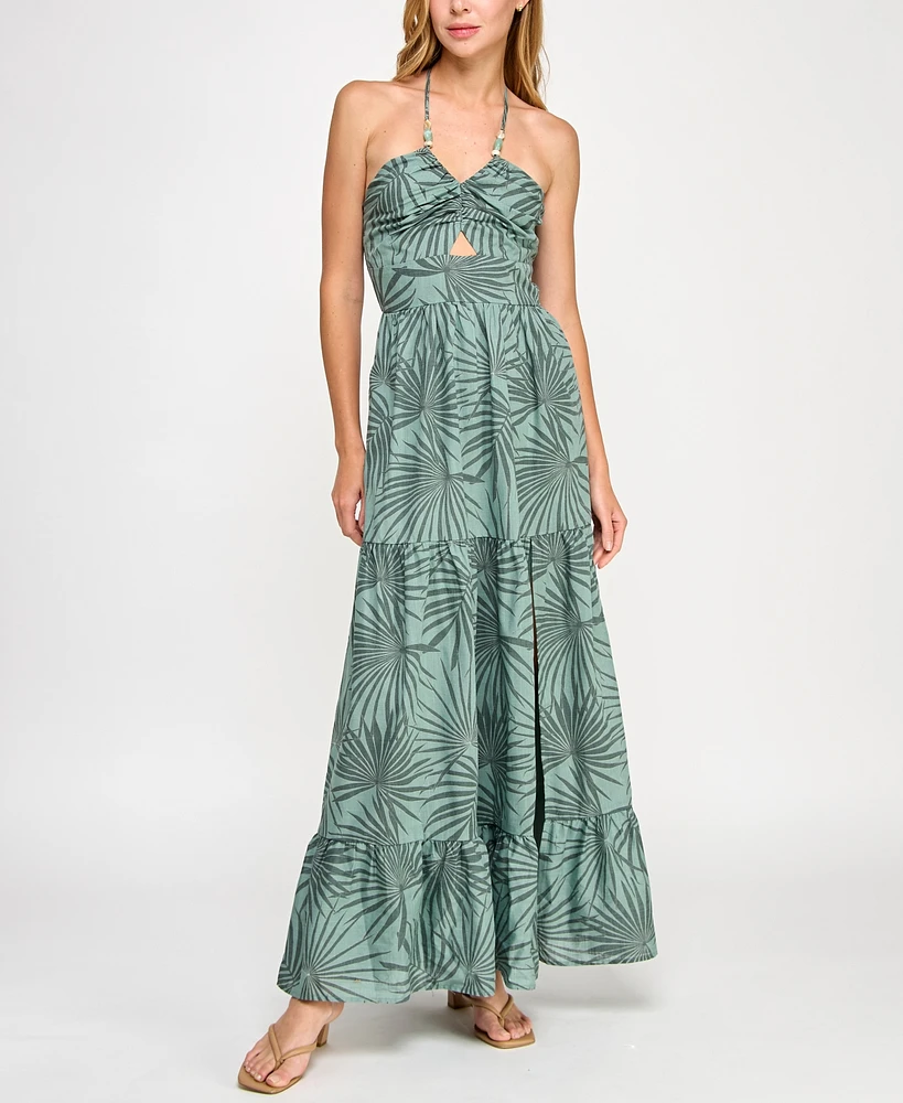 Trixxi Juniors' Printed Cotton Tiered Halter Maxi Dress