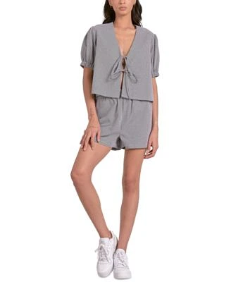 Elan Womens Gingham Tie Front Puff Sleeve Top Gingham Pull On Shorts