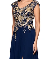 Betsy & Adam Women's Embroidered V-Neck Front-Slit Gown