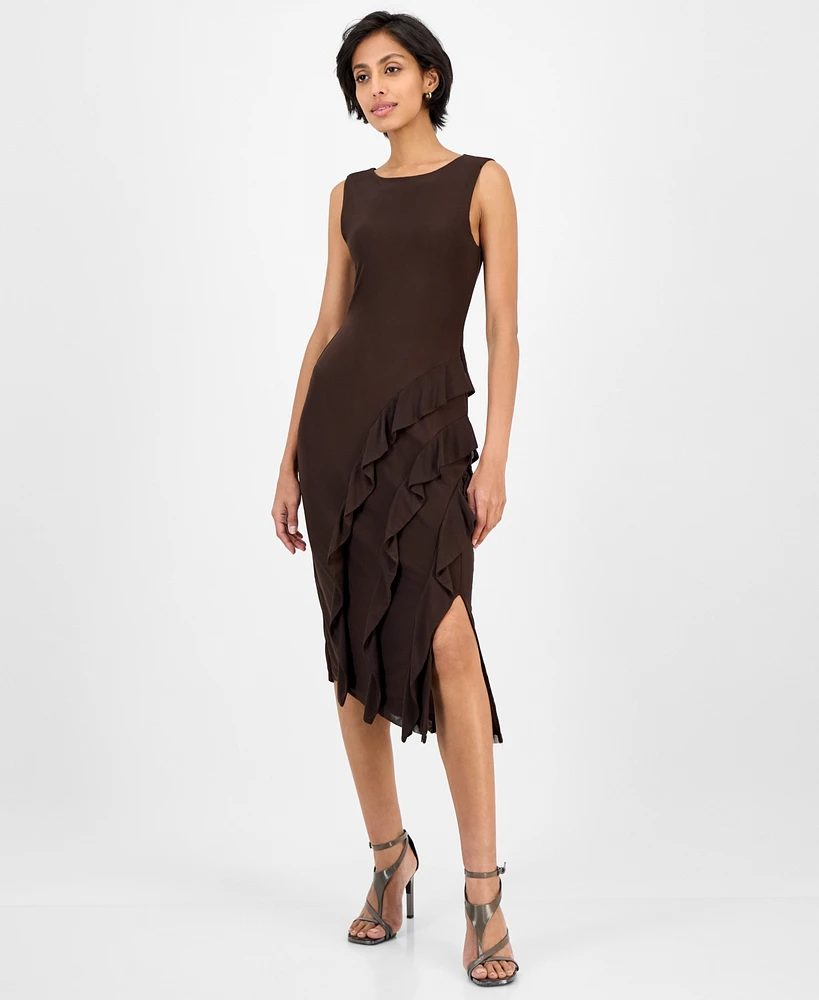 Tinsel Juniors' Round-Neck Printed Asymmetric-Ruffle Dress