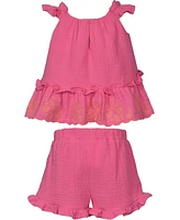 Bonnie Baby Girls 2-Piece Embroidered Ruffle Top and Shorts Set