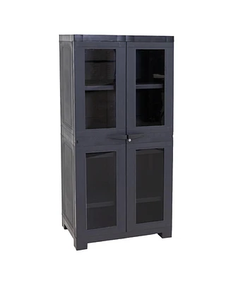 Plastic Lockable Storage Cabinet with 3 Adjustable Shelves and Windows - Charcoal