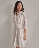 Dkny Women's V-neck Embroidered-trim Belted Dress