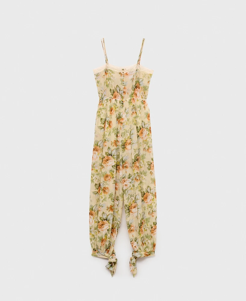 Mango Women's Puffed Hem Long Floral Jumpsuit