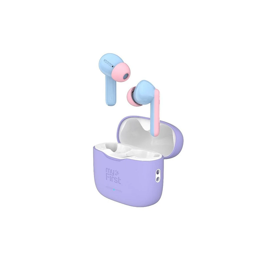 myFirst CareBuds (Cotton Candy) Kids Wireless Earbuds with 85dB Volume Limit, Built-in Mic, 6 Ear Tips, Anti-Lost Strap Easy Pairing, Gift for Kids 4-