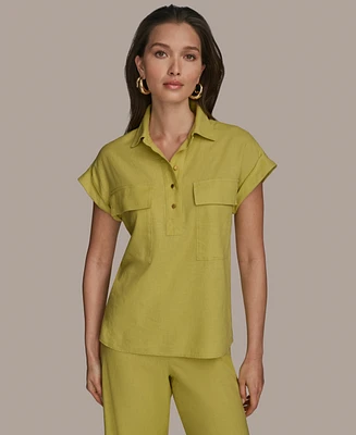 Donna Karan New York Women's Short Sleeve Linen-Blend Collared Shirt