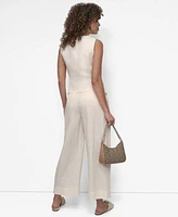 Dkny Womens Weathered Zip Up Vest Belted High Rise Pleated Twill Pants