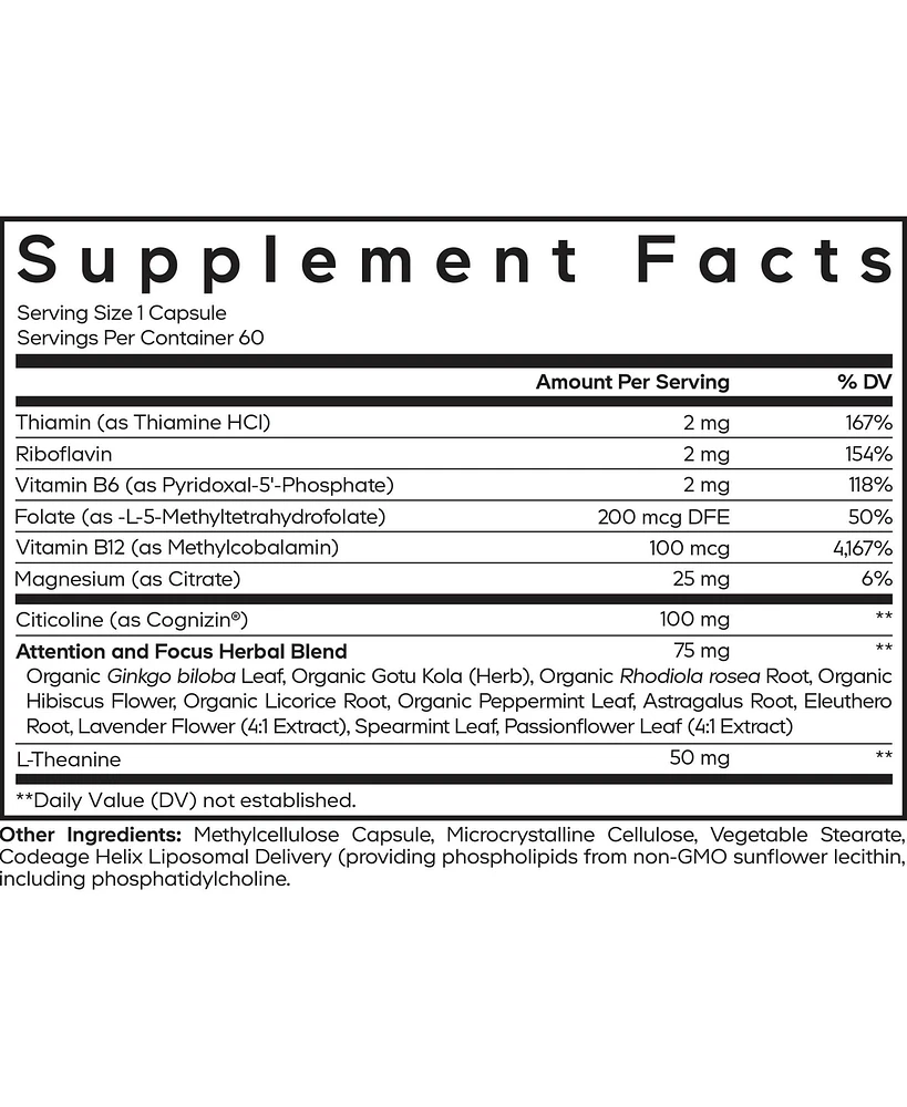 Codeage Teen Brain Focus Vitamins+ Citicoline Cognizin, L-Theanine, Ginkgo, Rhodiola, Lavender, Magnesium, Vitamin B6, B12, Folate - 2-Month Supply