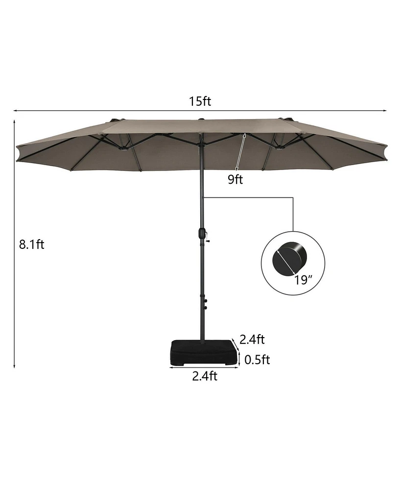 Gymax 15 ft Double-Sided Patio Umbrella Market Twin w/ Enhanced Base