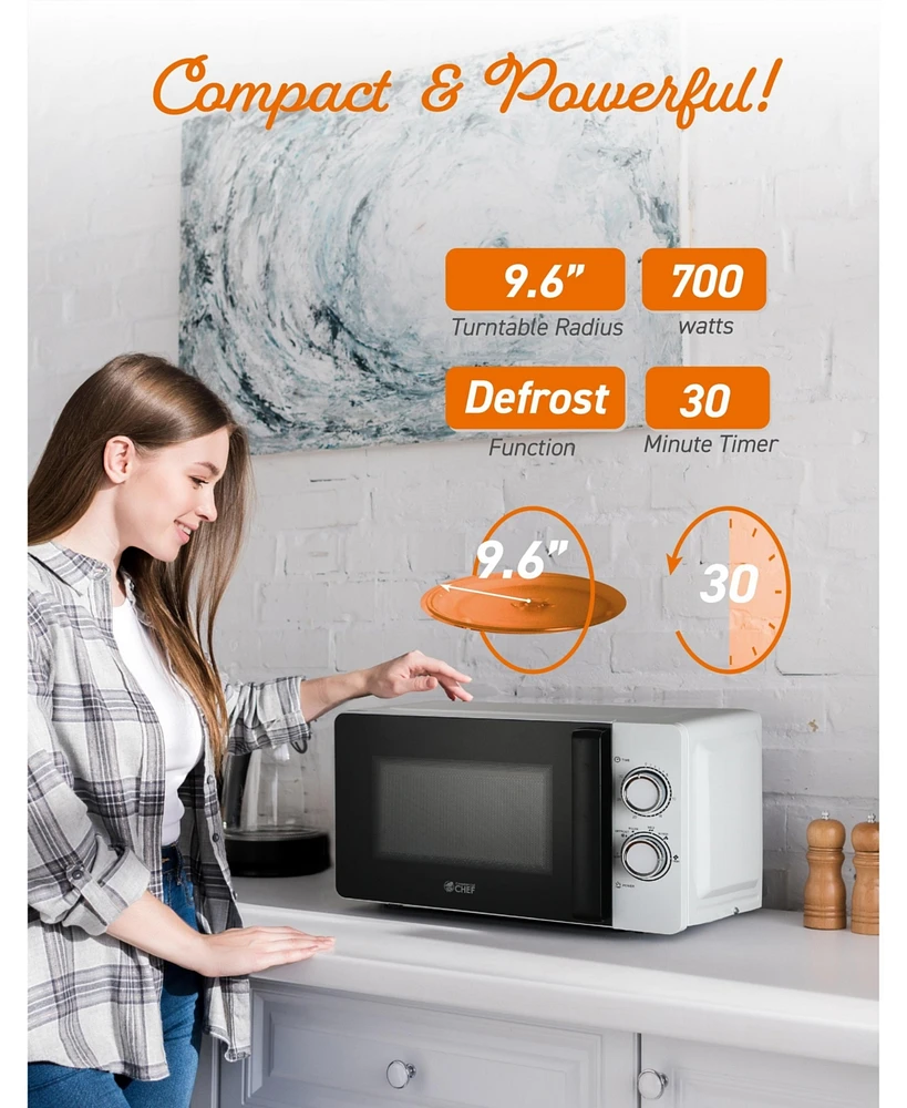 Commercial Chef Small Microwave 0.7 Cu. Ft. Countertop Microwave with Mechanical Control, White Microwave with 6 Power Levels, Outstanding Portable Mi