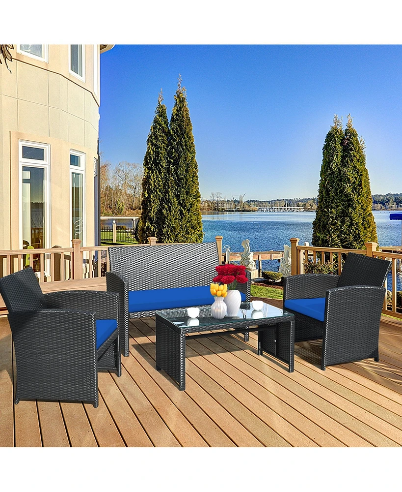 Gymax 8PCS Rattan Outdoor Conversation Set Patio Furniture Set w/ Navy Cushions